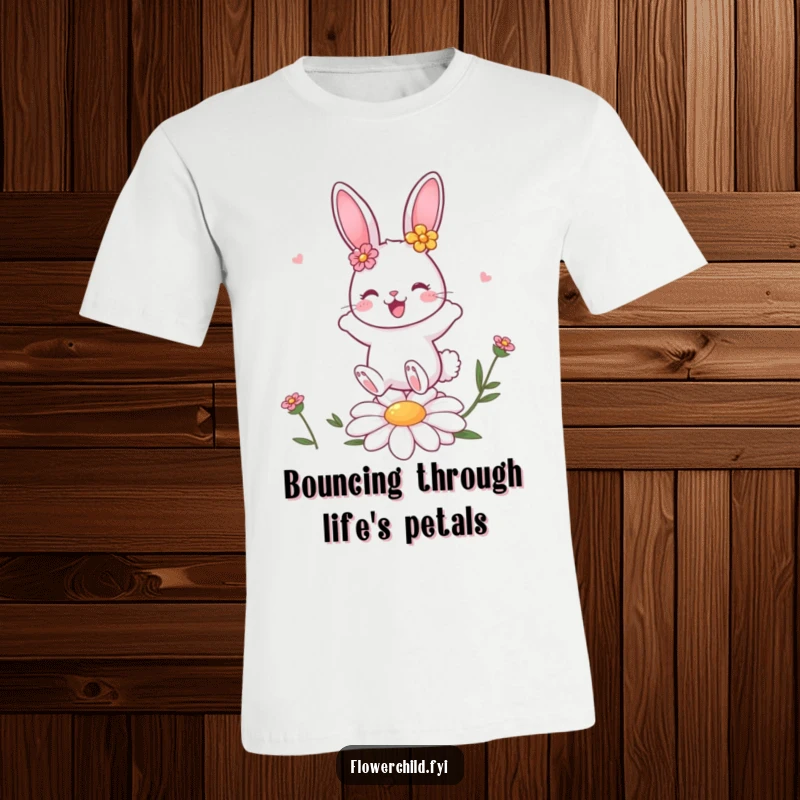 Funny cute bunny character with flower decorations bouncing gleefully on a daisy, a delightful tee for cheerful moments.
