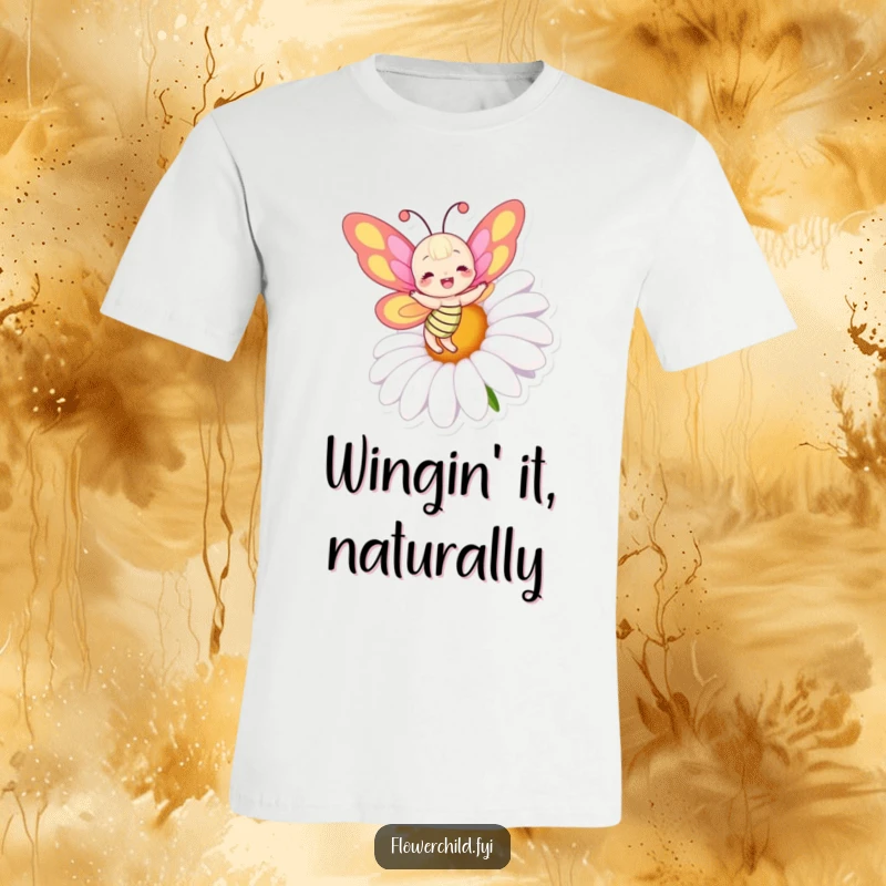Funny t-shirt with a joyful butterfly character wearing colorful wings, dancing ecstatically around a giant, happy daisy.