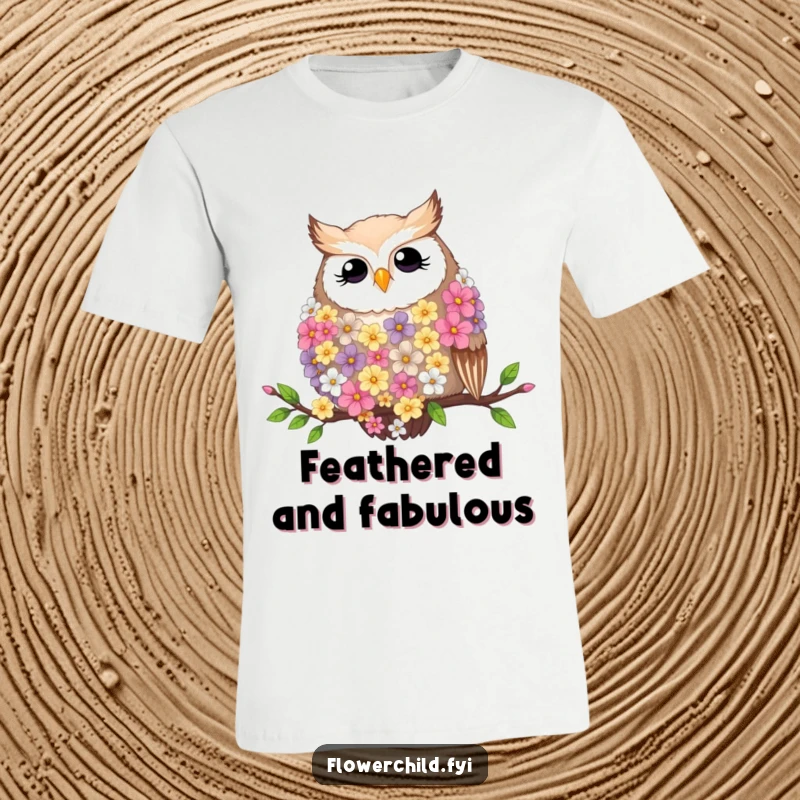 Funny t-shirt design of a contented owl wearing a flower feather boa, perched on a branch.