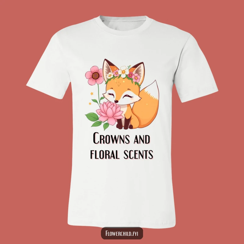 Funny Fox Flower Crown T-Shirt: Curious Bloom Sniffer Tee