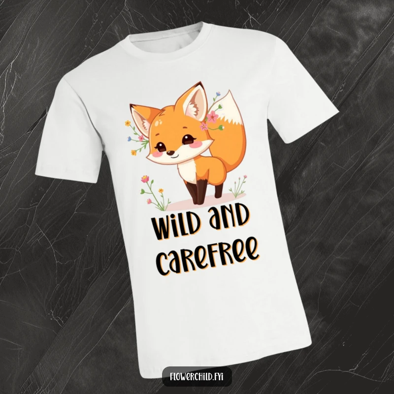 Funny fox t-shirt, with wildflowers tucked behind its ear, captured in a playful dance, radiating joy, perfect funny gift.
