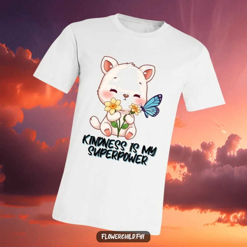 Funny t-shirt featuring a gentle animal character extending a flower towards a tiny, appreciative butterfly.