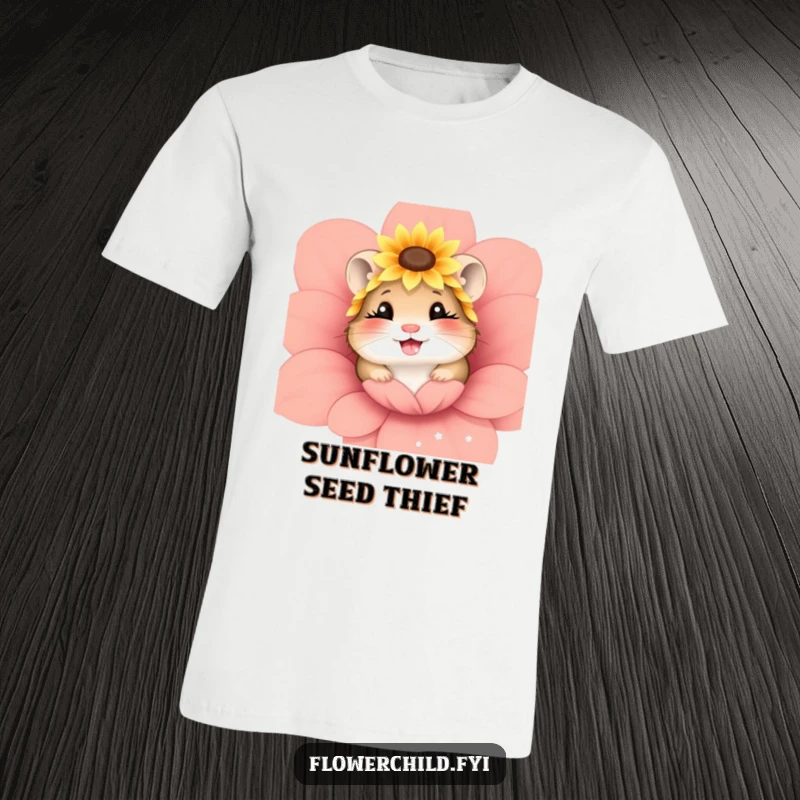 Funny graphic t-shirt with a giggling hamster wearing a sunflower headpiece, peeking playfully from a flower.