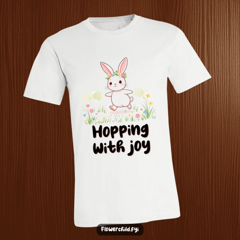 Funny meadow bunny t-shirt, a cute bunny with a flower crown skipping joyfully through a field.