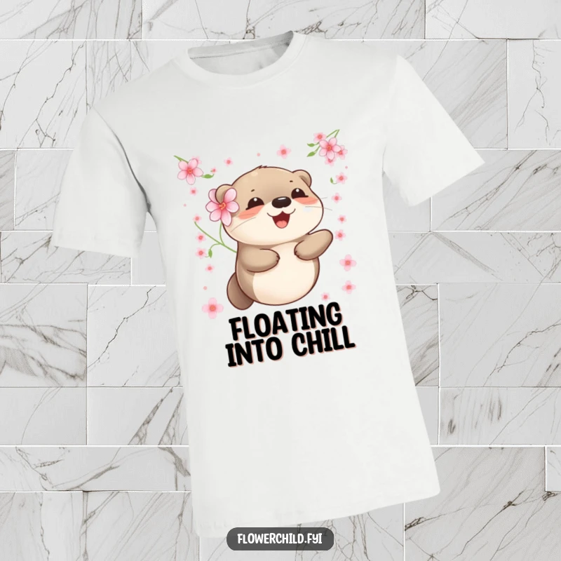 Funny otter t-shirt featuring a smiling otter with a flower, floating peacefully amidst scattered blossoms.