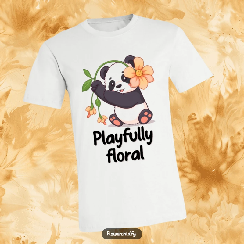Funny panda t-shirt depicting a cuddly panda reaching out to playfully bat a large, dangling flower.