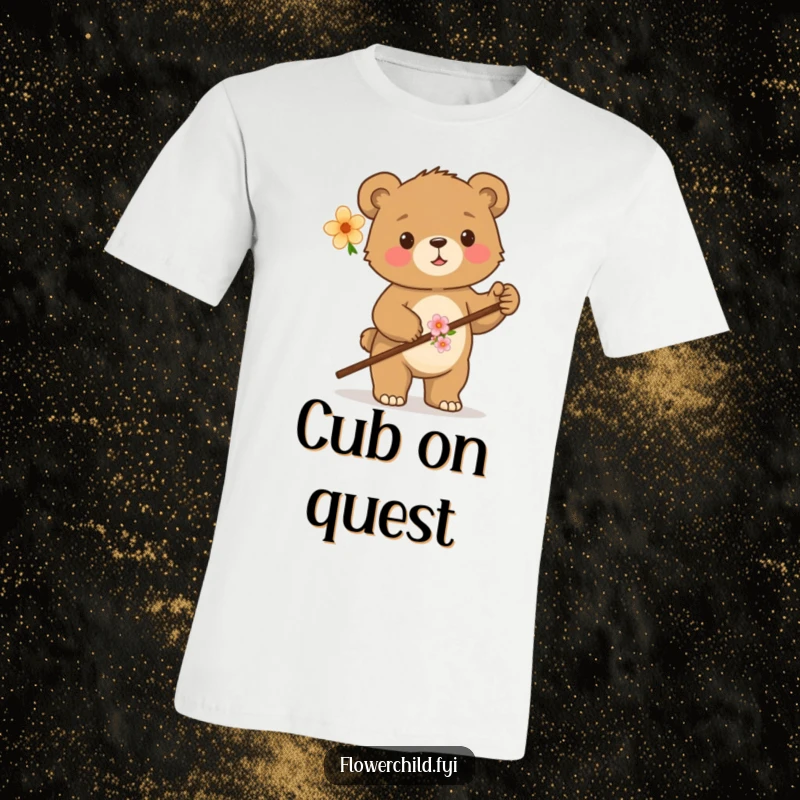 Funny proud bear cub t-shirt holding a walking stick adorned with flowers, ready for an adventure with a cheerful spirit.