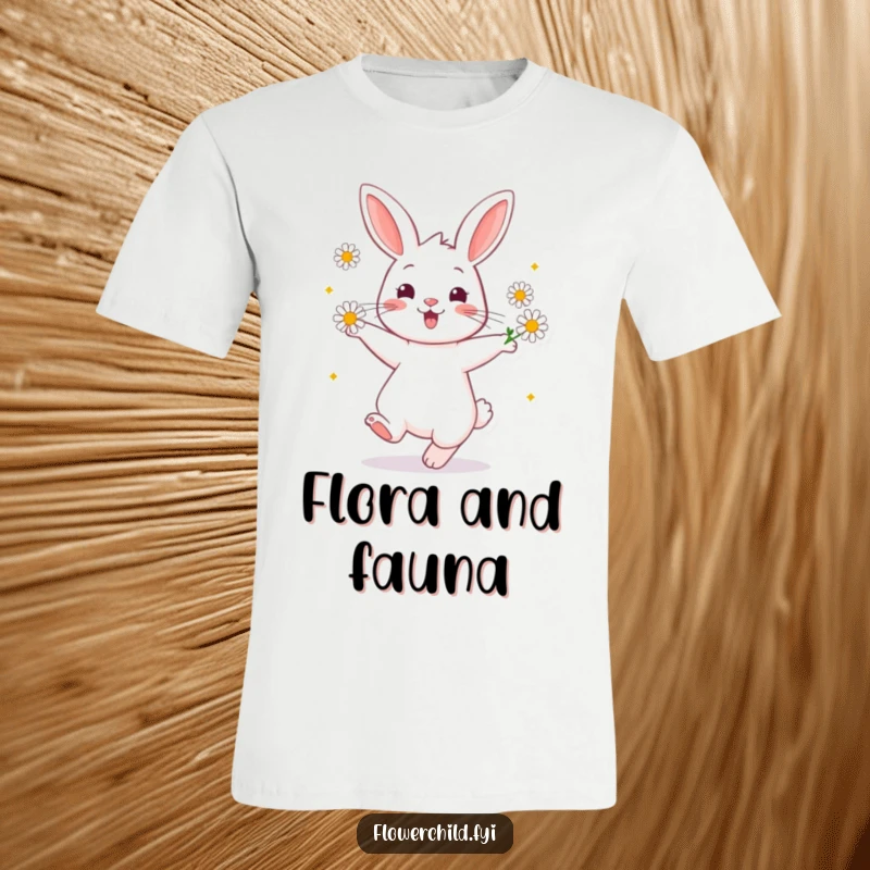 Funny T-Shirt showing a cheerful rabbit character happily twirling, with daisies nestled around its ears, full of life.