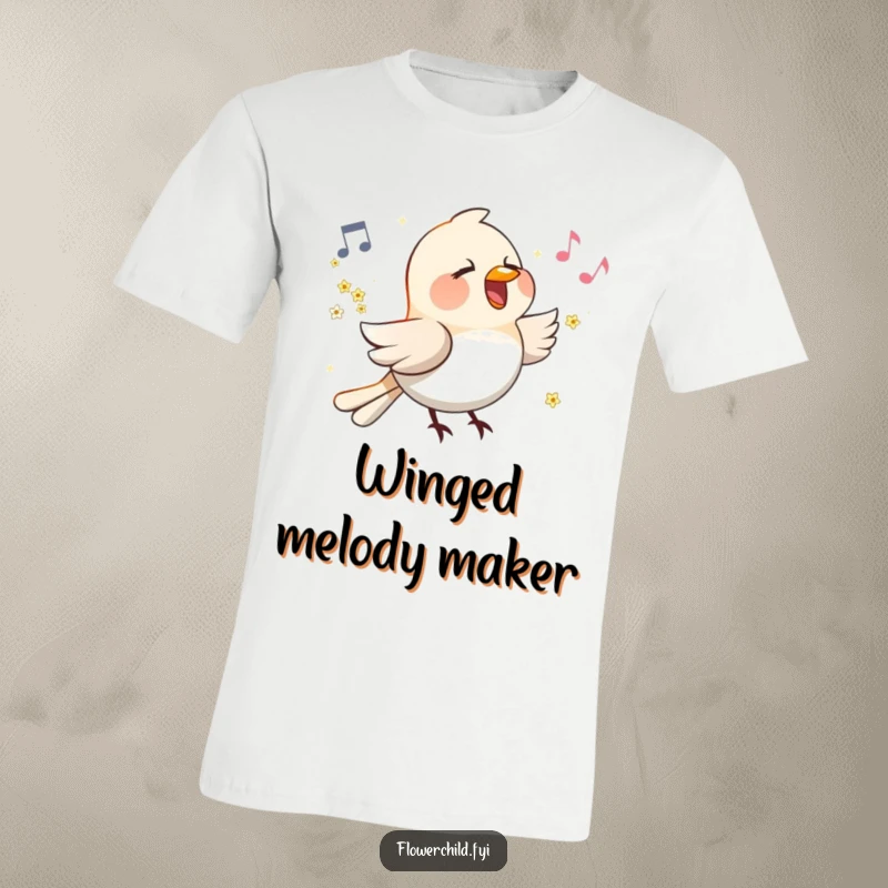 Funny Singing Bird Flower Wings T-Shirt: A cheerful bird with small flowers decorating its wings is depicted singing a happy song.