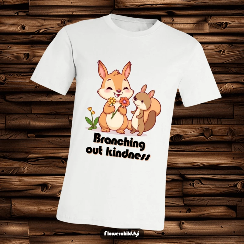 Funny squirrel t-shirt depicting a jovial squirrel presenting a flower to another creature, symbolizing kindness, friendship, and woodland charm.