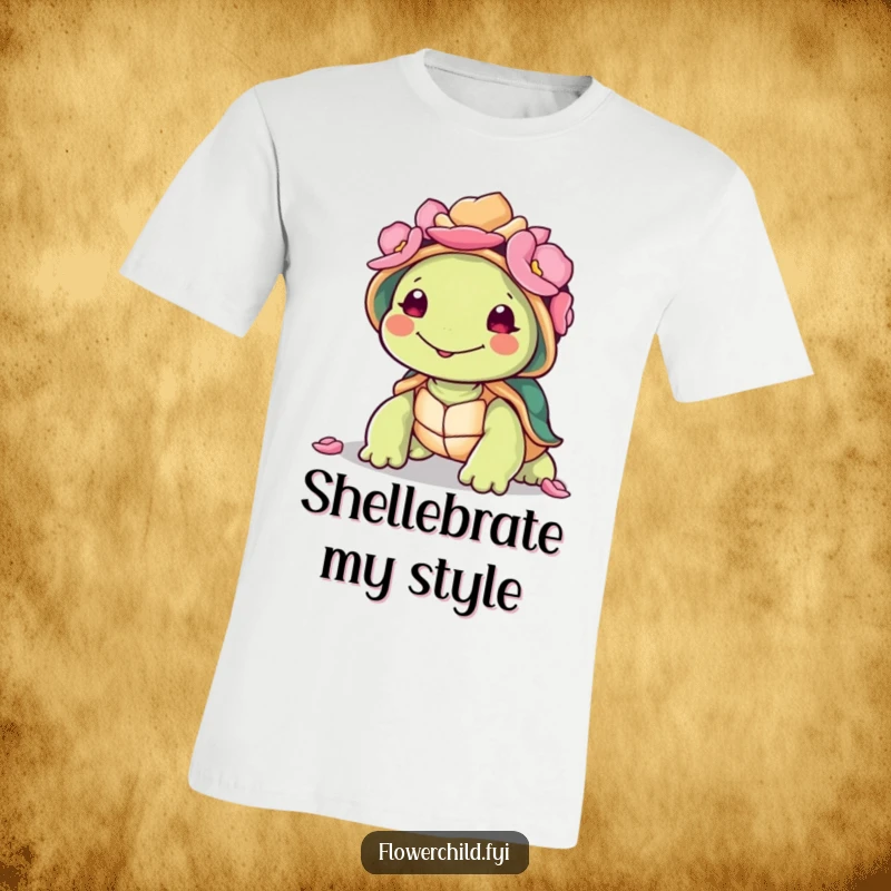Funny smiling turtle with a shell adorned with colorful petals, showcased on a comfortable, humorous t-shirt.
