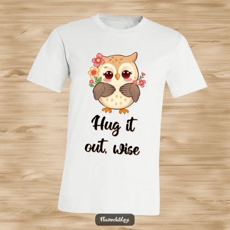 A whimsical owl with colorful flowers nestled in its feathers, offering a warm, inviting hug on a graphic t-shirt.