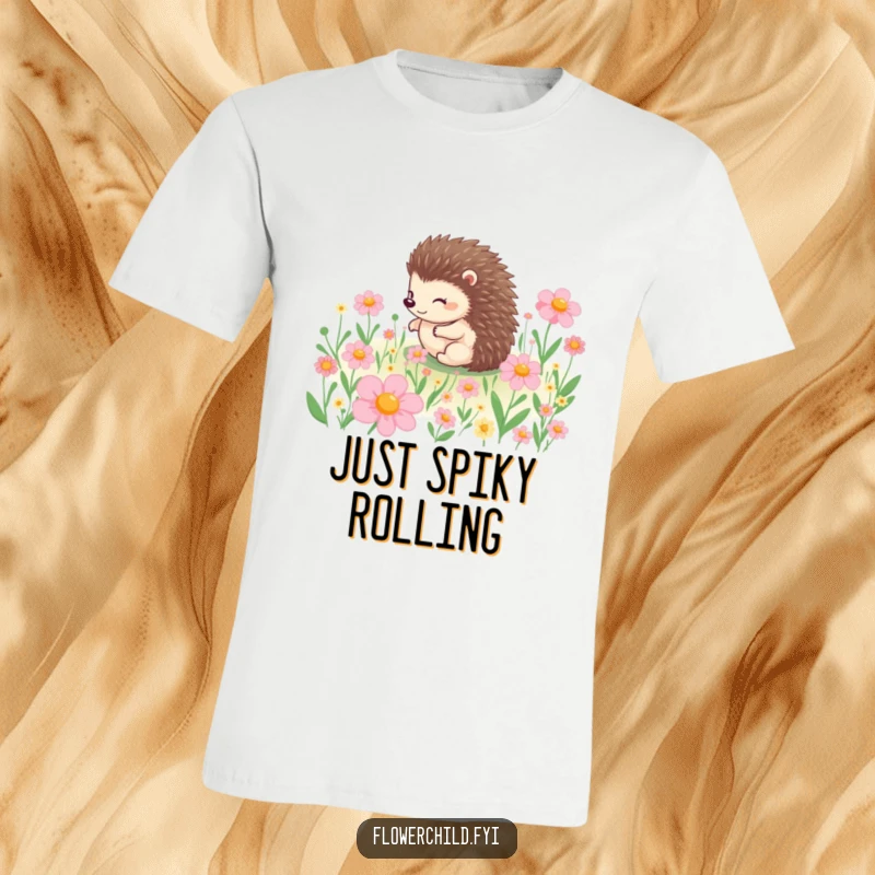 Funny t-shirt with a delightful hedgehog character rolling joyfully through a colorful field of blossoms, perfect for nature enthusiasts.