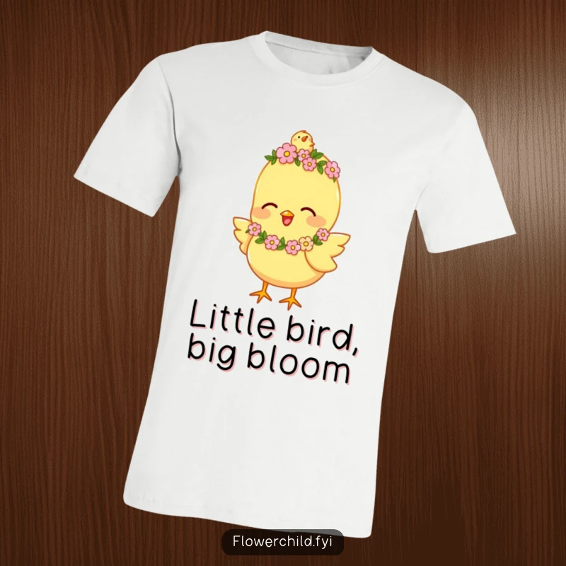 Funny T-Shirt showcasing a happy chick wearing a tiny flower garland, chirping with unrestrained joy and a bright smile.