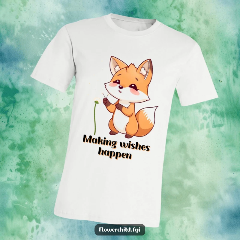 Funny T-Shirt showcasing a playful fox with a smile, blowing dandelion seeds into the wind with a whimsical feel.