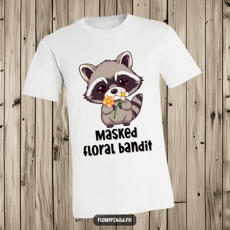 Funny raccoon t-shirt featuring a raccoon with a flower peeking out from its mask, capturing a moment of playful mischief.