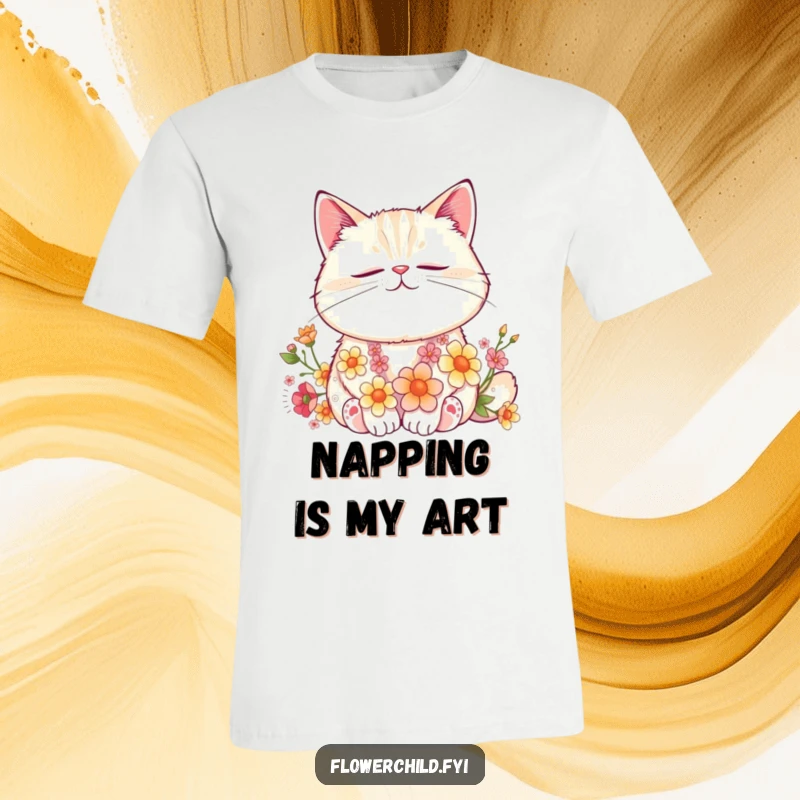Funny Cat Flower Nap T-Shirt: A contented cat nestled amongst flowers, depicted peacefully napping, offering a touch of floral serenity.