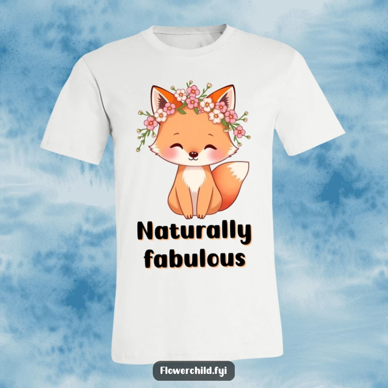 Funny t-shirt with a whimsical fox wearing a blossom wreath, exuding charm and nature's gentle spirit. Ideal funny gift.