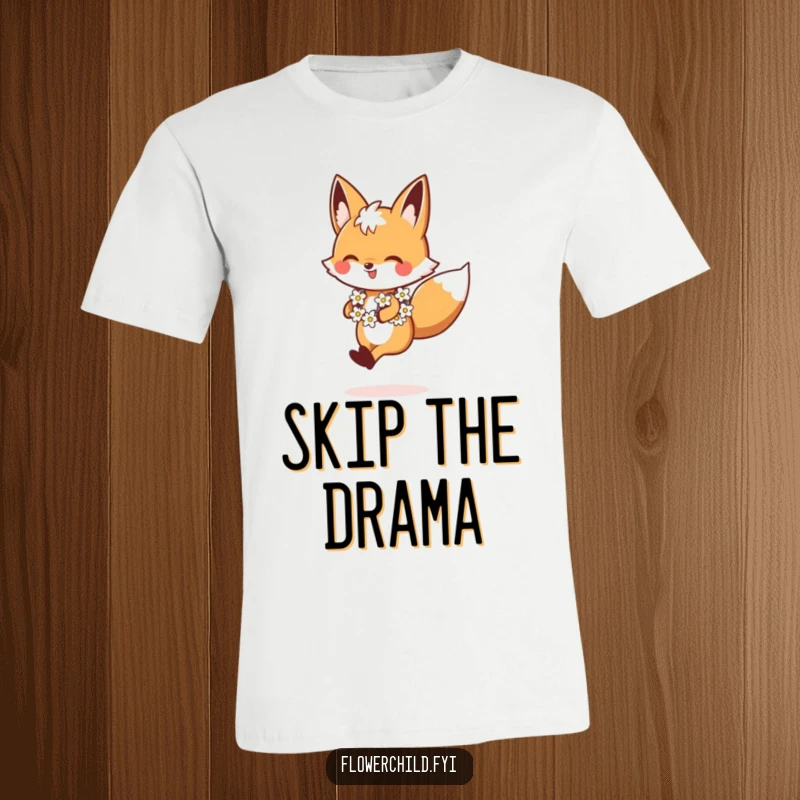 Funny Fox T-Shirt, a happy fox with a daisy chain skipping with glee, perfect for casual wear and spreading cheer, a great funny gift.