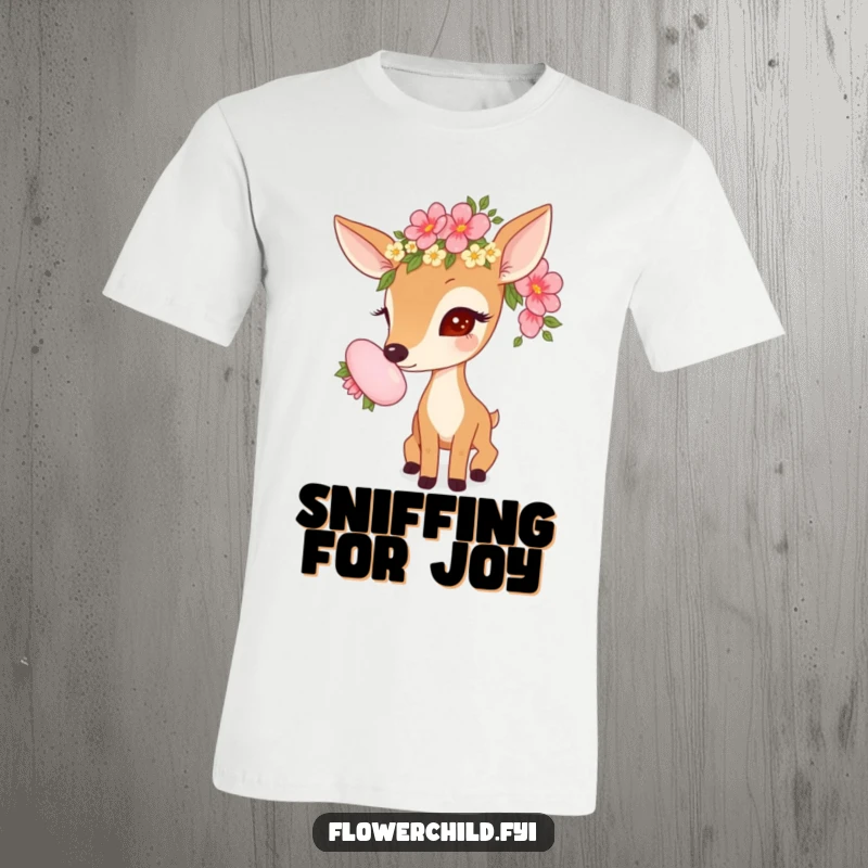 Funny t-shirt featuring a curious deer wearing a colorful flower garland, gently sniffing a large, blooming flower.
