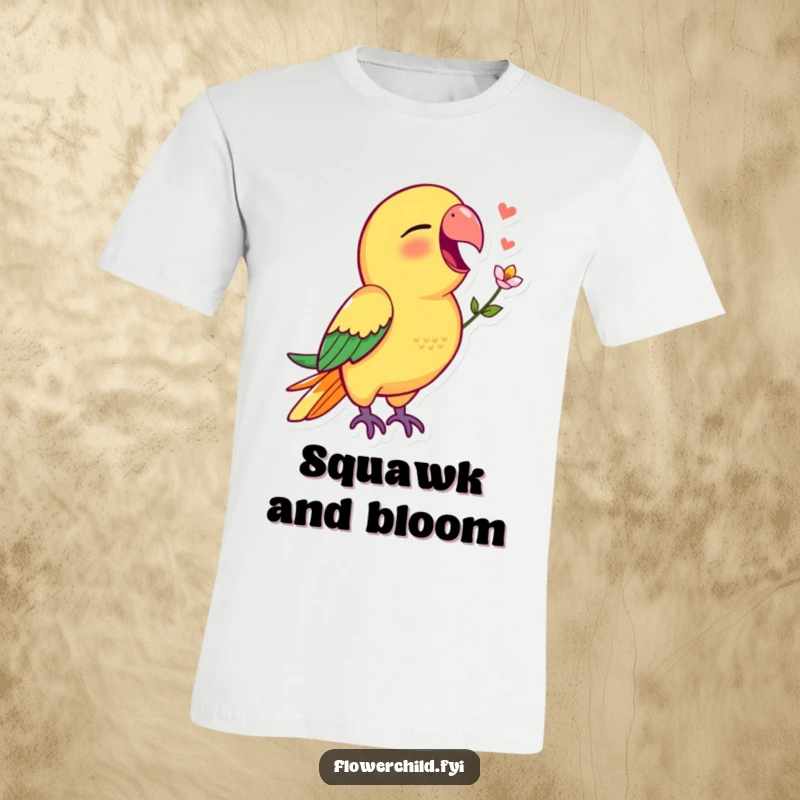 Funny parrot t-shirt with a vibrant parrot singing with a flower delicately held in its beak.
