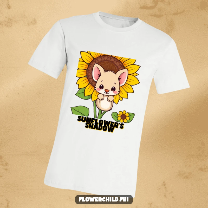 Funny shy animal peeking from behind a giant sunflower, printed on a t-shirt for a humorous introverted statement.