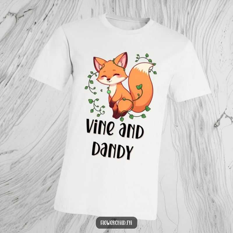 Funny fox t-shirt, a playful fox twirling gracefully with vines wrapped around its tail, showcasing woodland magic.
