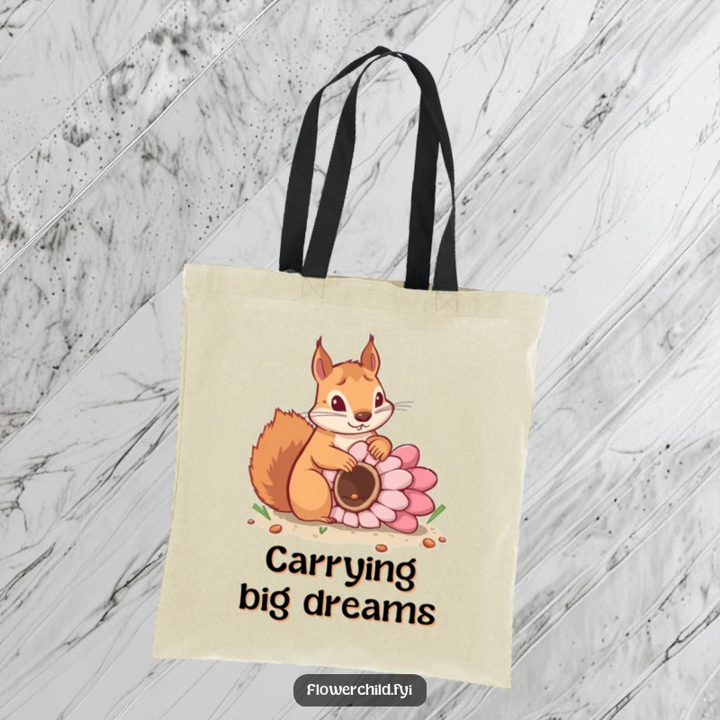 Funny tote bag with a determined squirrel burying a giant flower seed, ideal for gardeners and lovers of nature.
