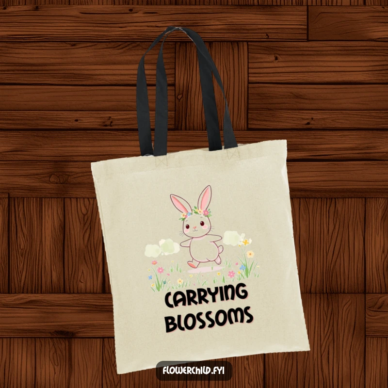 Funny bunny flower tote bag, a cute bunny with a flower crown skipping through a meadow.