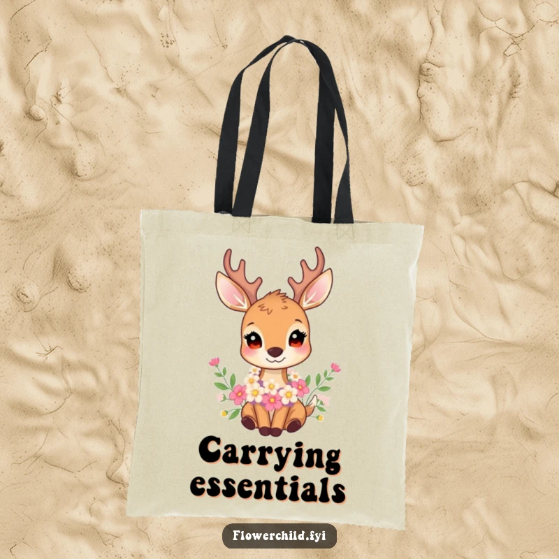 Funny tote bag featuring a gentle deer with a natural garland of flowers around its neck, perfect for carrying essentials with style.