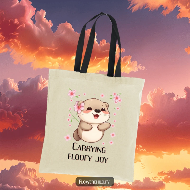 Funny otter tote bag depicting a content otter with a delicate flower, floating serenely among soft blossoms.