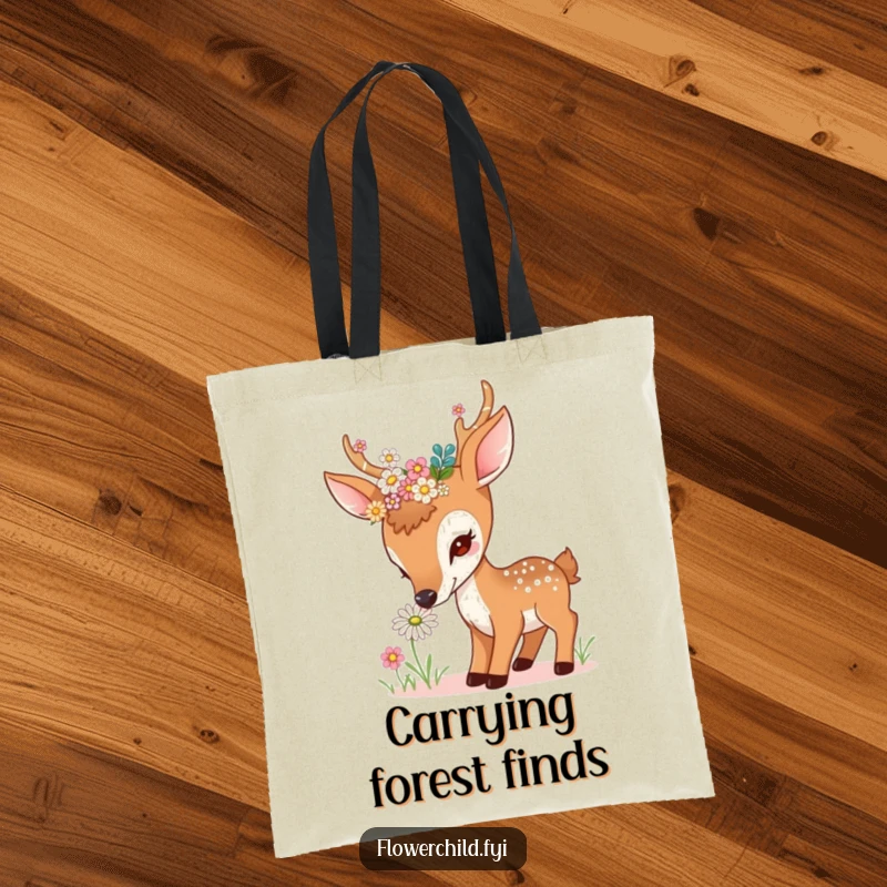 Funny curious deer tote bag, with flowers in antlers, sniffing a daisy, practical and charming, great funny gift.