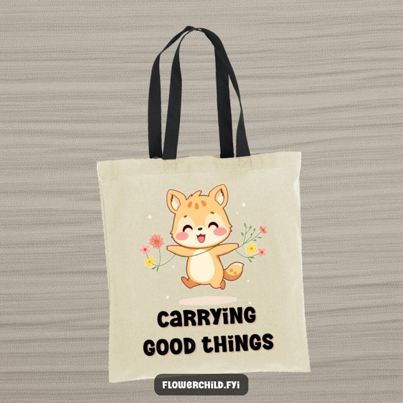 Funny tote bag design of a happy animal character joyfully skipping with a colorful string of flowers, perfect for daily use.