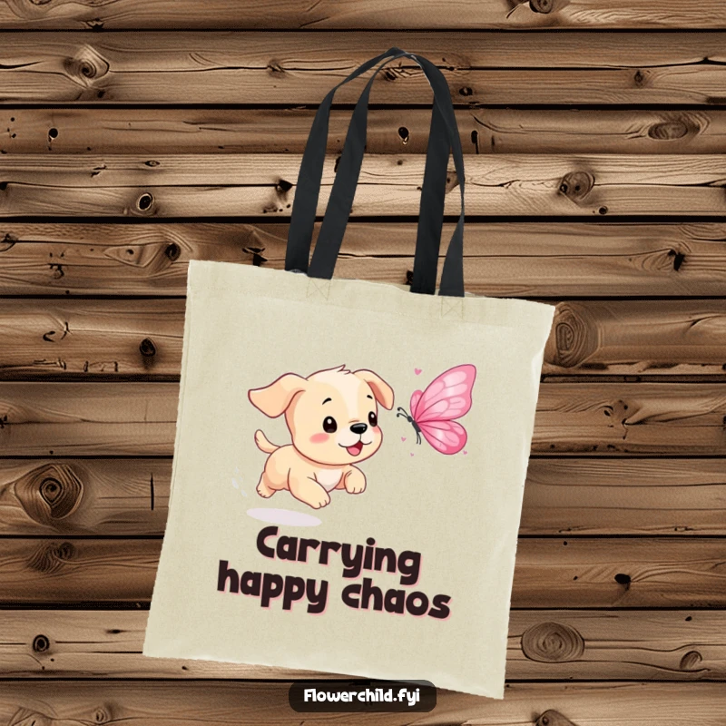 Funny Puppy Petal Butterfly Tote Bag: A playful puppy chases a butterfly made of petals, perfect for carrying essentials with joy.