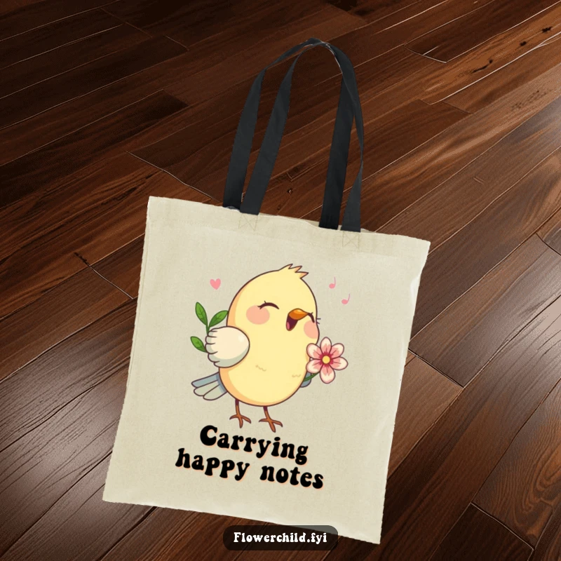Funny birdsong melody tote bag, a happy bird with a flower behind its ear singing.