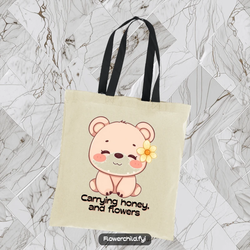 Funny Bear Cub Flower Tote Bag: A charming tote bag featuring a smiling bear cub with a flower.