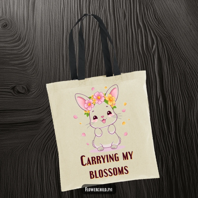 Funny Bunny Tote Bag, a cheerful bunny in a flower crown scattering petals, perfect for shopping and daily use, a unique funny gift.