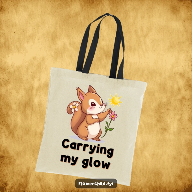 Funny squirrel tote bag, a curious squirrel with a flower behind its ear reaching for a sunbeam, showcasing a love for nature.