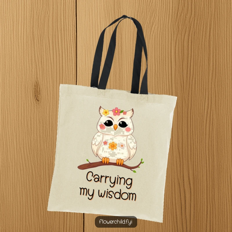 Funny tote bag with a contented owl with flowers in its feathers resting on a branch, a charming nature accessory.