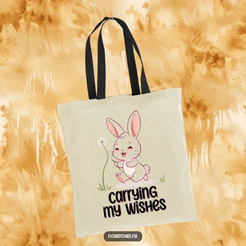 Funny bunny tote bag showing a playful bunny chasing a dandelion seed, great for shopping with a whimsical, joyful, and eco-friendly vibe.