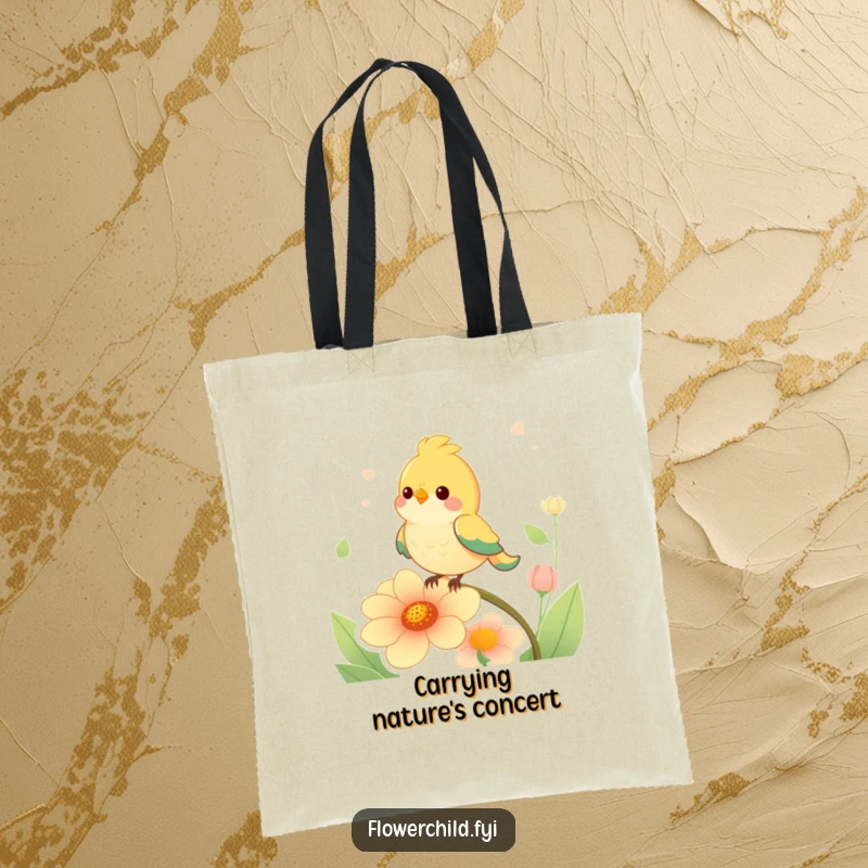 Funny happy bird serenading a singing flower on a practical and humorous tote bag.