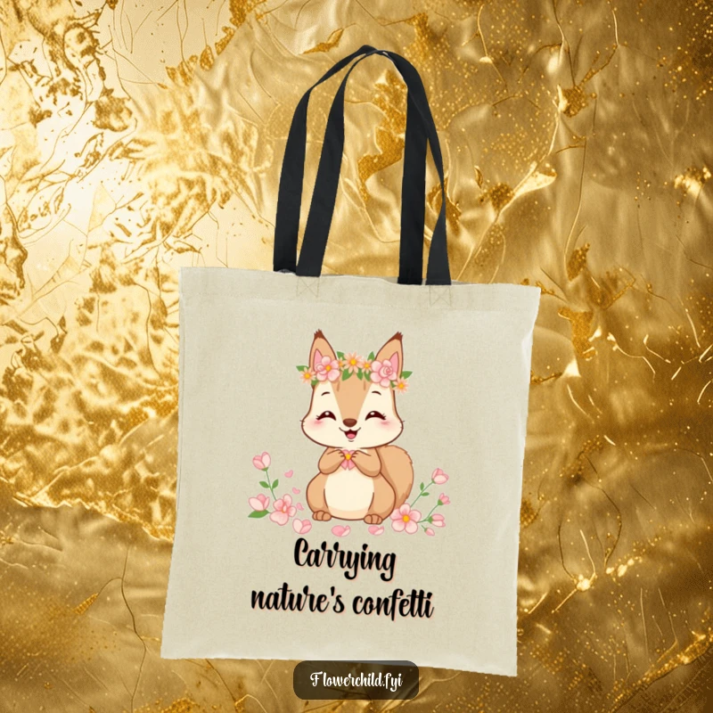 Funny Tote Bag featuring a cute squirrel in a flower crown happily gathering petals, ideal for carrying books or groceries.