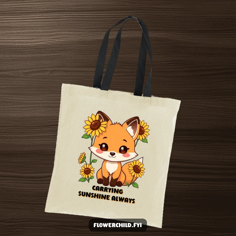 Funny tote bag showcasing a playful fox character with sunflowers sprouting from its fur.