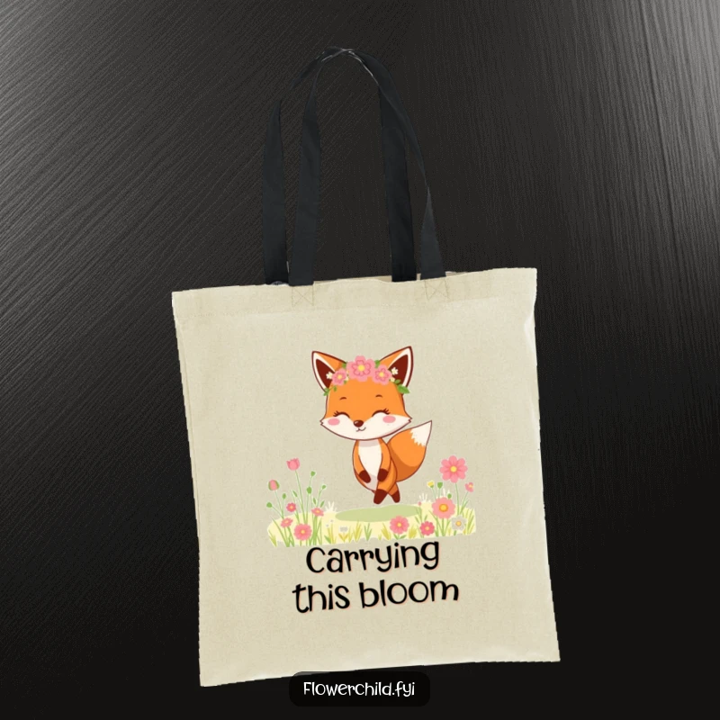 Funny Fox Flower Crown Tote Bag: A cheerful fox sporting a flower crown joyfully skips through a picturesque meadow, perfect for carrying treasures.