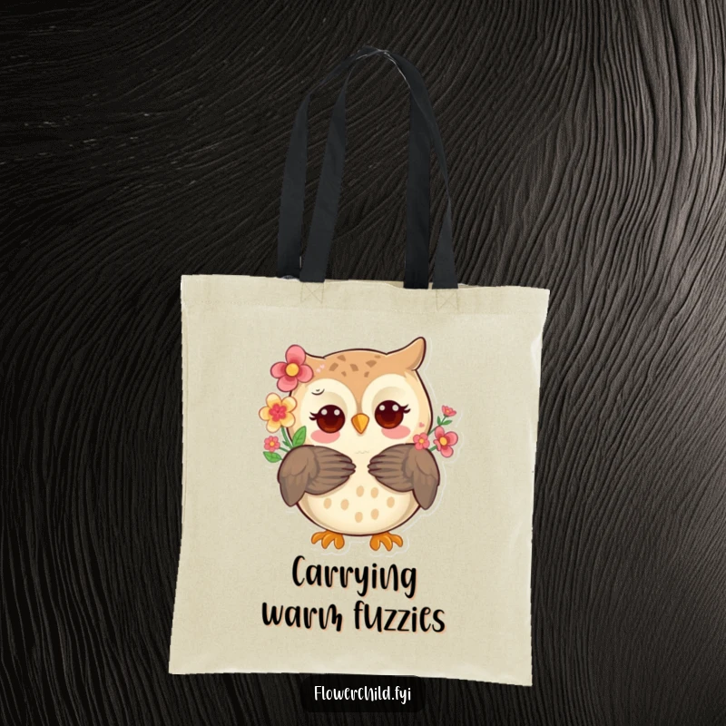 A whimsical owl with flowers in its feathers offering a warm hug on a durable and stylish tote bag.