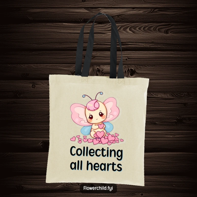Funny tote bag with a delightful butterfly gathering tiny heart-shaped petals, perfect for carrying everyday treasures.