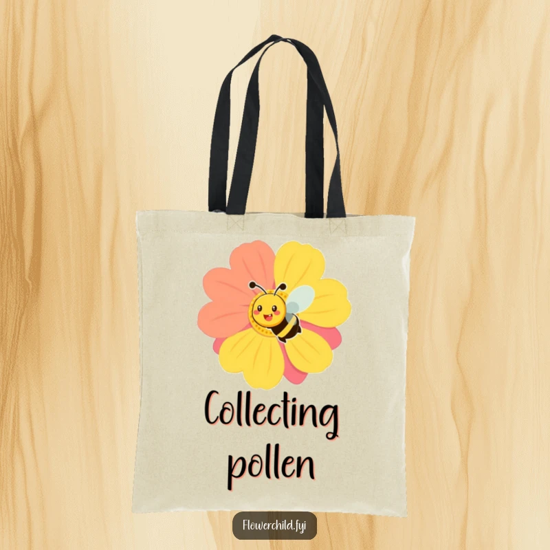 Funny tote bag showcasing a smiling bee busy buzzing around a vibrant, large flower, perfect for garden enthusiasts.