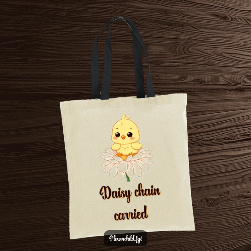 Funny tote bag with a happy little chick resting on a big daisy, perfect for carrying essentials with cheer.