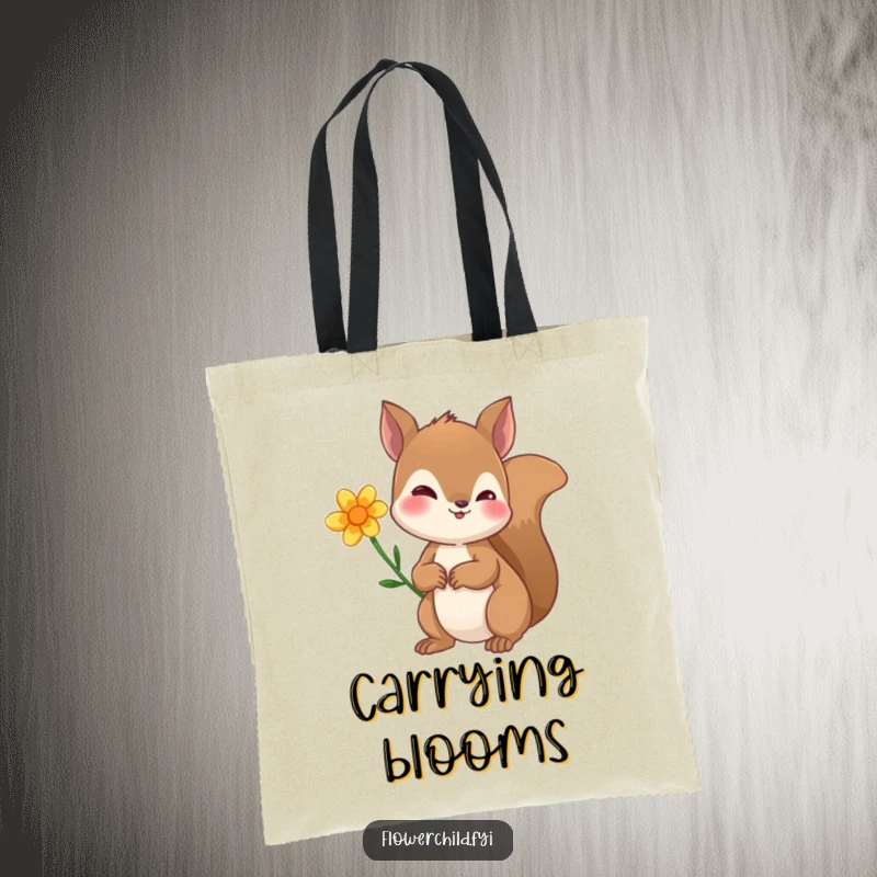 Funny tote bag with a curious squirrel sporting a small flower behind its ear, ready to carry your belongings with charm.