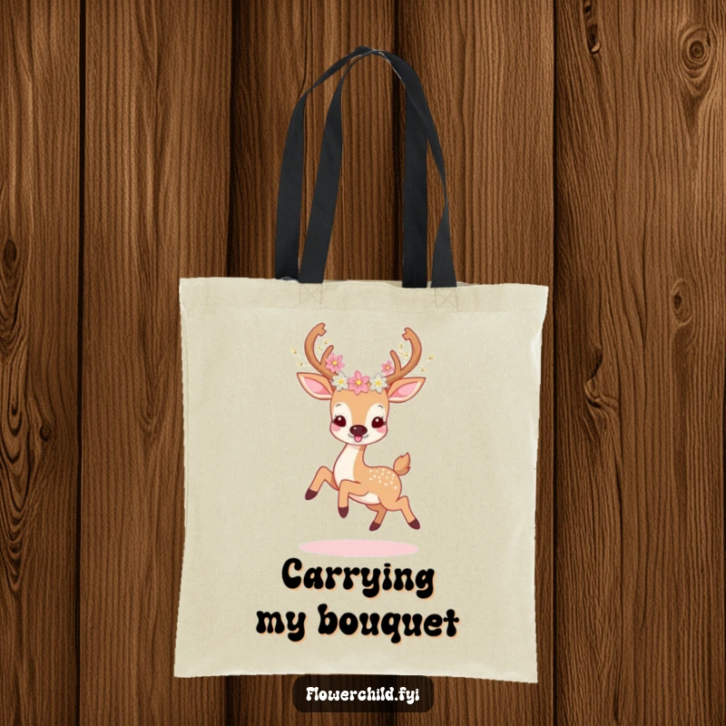 Funny deer flower tote bag showing a deer with flowers in its antlers prancing merrily, a delightful and humorous design.